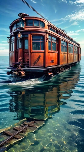 water taxi,railway carriage,wooden train,railroad car,abandoned boat,water bus,trolley train,electric train,water transportation,the lisbon tram,train car,houseboat,sunken boat,wooden boat,glacier express,floating restaurant,cablecar,street car,long-distance train,rail car