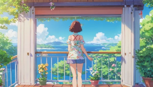 summer day,studio ghibli,summer evening,summer sky,window to the world,summer jasmine,in the summer,spring morning,bedroom window,summer,summer background,window sill,balcony,idyllic,window,green summer,summer feeling,summer season,summer bloom,windowsill,Illustration,Japanese style,Japanese Style 02