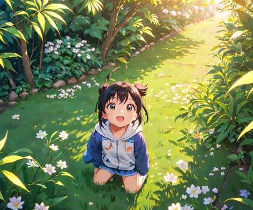 girl picking flowers,studio ghibli,girl in flowers,holding flowers,picking flowers,girl in the garden,child in park,blooming grass,falling flowers,sea of flowers,spring background,in the garden,on the grass,flower background,playing outdoors,grass blossom,field of flowers,blooming field,sakura background,flower painting,Anime,Anime,Realistic