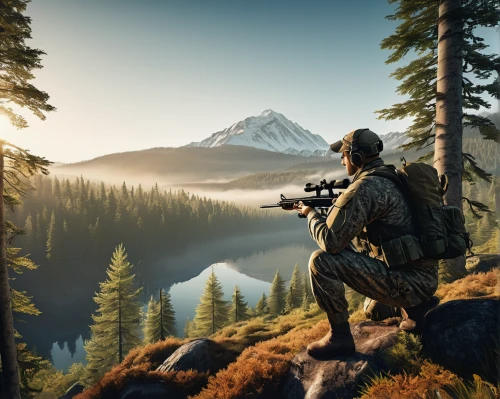 rifleman,sniper,hunting decoy,wolf hunting,free fire,black hawk sunrise,game art,mountain vesper,red army rifleman,witcher,deer hunting,battlefield,mountain sunrise,hdr,graphics,cinematic,shooter game,nomad life,overlook,woodsman,Illustration,Retro,Retro 06