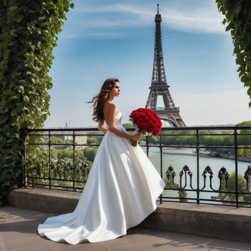 bridal dress,wedding dresses,wedding dress,wedding gown,wedding photography,bridal clothing,paris balcony,paris,wedding photo,girl in white dress,paris clip art,wedding dress train,wedding frame,eiffel,bridal,romantic portrait,universal exhibition of paris,france,romantic look,girl in a long dress,Photography,General,Realistic