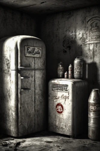 fallout shelter,refrigerator,fridge,soda machine,vintage kitchen,courier box,fallout4,laundry room,old suitcase,newspaper box,fallout,cupboard,chemical container,locker,air-raid shelter,steamer trunk,pantry,postal elements,kitchenette,canister,Photography,Black and white photography,Black and White Photography 08