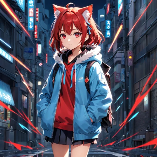 parka,inari,anime japanese clothing,red wolf,shinjuku,shibuya,red saber,national parka,red riding hood,torii,redfox,jacket,raincoat,tokyo city,colorful city,street cat,windbreaker,hoodie,red background,cityscape,Anime,Anime,General