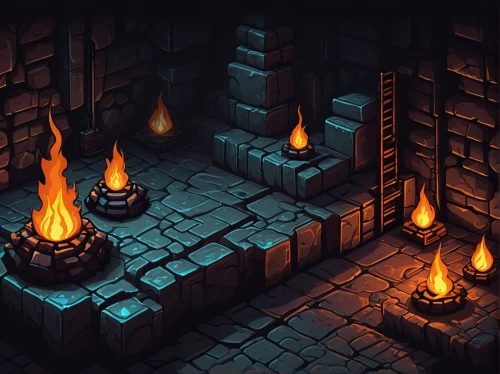 fireplaces,fireplace,fire place,dungeon,hearth,charcoal kiln,fireside,log fire,dungeons,smouldering torches,furnace,catacombs,torchlight,forge,brick-kiln,firepit,isometric,game illustration,fire in fireplace,campfires,Illustration,Black and White,Black and White 19