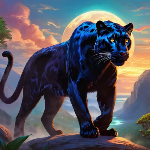panther,canis panther,jaguar,blue tiger,felidae,panthera leo,leopard's bane,big cat,zodiac sign leo,king of the jungle,head of panther,cat on a blue background,big cats,leopard,wildcat,fantasy picture,world digital painting,cheetah,serengeti,fantasy art,Illustration,Realistic Fantasy,Realistic Fantasy 01