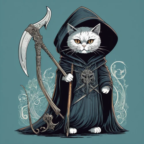 cat warrior,cat sparrow,halloween cat,grimm reaper,cat vector,cat-ketch,napoleon cat,grim reaper,wizard,scottish fold,mage,cartoon cat,witch broom,white cat,whiskered,tea party cat,the cat,scythe,cat,gray cat,Illustration,Vector,Vector 21