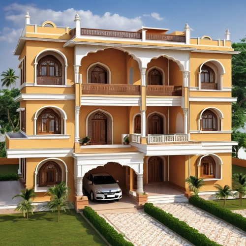 build by mirza golam pir,residential house,3d rendering,two story house,model house,gold stucco frame,private house,jaipur,exterior decoration,garden elevation,holiday villa,stucco frame,classical architecture,folding roof,residence,family home,beautiful home,rajasthan,large home,luxury property,Photography,General,Realistic