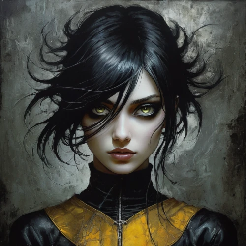 gothic portrait,yellow and black,yellow eyes,fantasy portrait,black and gold,black yellow,gothic woman,transistor,goth woman,vesper,dark portrait,mystical portrait of a girl,yellow eye,dark art,black widow,fantasy art,canary,widow spider,artemisia,black mustard,Illustration,Paper based,Paper Based 18