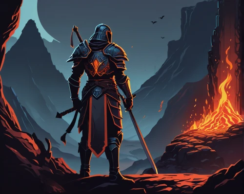 the wanderer,paladin,lone warrior,knight armor,scorched earth,knight,fire background,crusader,game illustration,guards of the canyon,excalibur,torch-bearer,torchlight,fire master,burning torch,cleanup,warlord,magma,game art,burning earth,Illustration,Vector,Vector 01