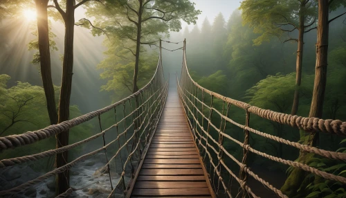 canopy walkway,hanging bridge,tree top path,suspension bridge,wooden bridge,rope bridge,scenic bridge,footbridge,walkway,inca rope bridge,tree top,tree tops,bamboo forest,teak bridge,humpback bridge,the mystical path,treetops,extradosed bridge,heavenly ladder,hangman's bridge,Illustration,Abstract Fantasy,Abstract Fantasy 09