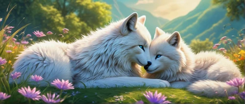wolf couple,idyll,shepherd romance,tenderness,romantic scene,springtime background,serenade,howl,canidae,romantic portrait,meadow,embrace,samoyed,amorous,companionship,sniffing,affection,tundra,companion dog,snuggle,Conceptual Art,Daily,Daily 24