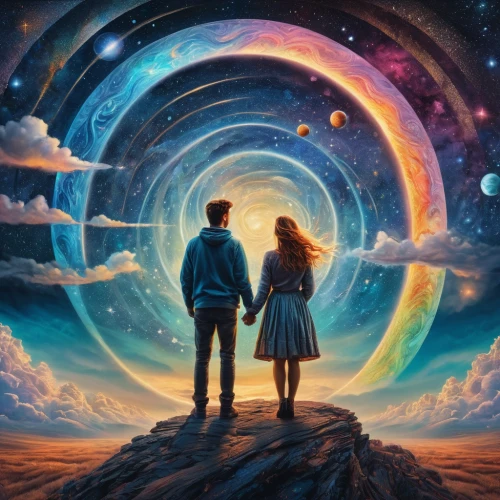 space art,the universe,universe,astronomers,fantasy picture,two people,cosmos,sci fiction illustration,scene cosmic,wormhole,the luv path,celestial bodies,imagination,hand in hand,dream world,andromeda,astronomical,attraction,psychedelic art,cg artwork,Photography,General,Fantasy