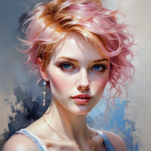 girl portrait,fantasy portrait,digital painting,romantic portrait,portrait of a girl,mystical portrait of a girl,woman portrait,world digital painting,young woman,pink hair,pink beauty,peony pink,face portrait,pixie-bob,bouffant,pink lady,artist portrait,red-haired,pink peony,girl drawing,Conceptual Art,Oil color,Oil Color 03