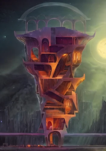 cube stilt houses,tower of babel,concept art,strange structure,ancient city,futuristic architecture,the ruins of the,observation tower,fairy chimney,sky space concept,mushroom island,electric tower,beacon,spiral staircase,cube background,stilt houses,transistor,pillar,pillar of fire,cubic house