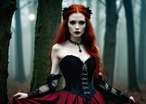 gothic woman,gothic fashion,gothic dress,gothic portrait,gothic style,dark gothic mood,gothic,vampire woman,vampire lady,goth woman,the enchantress,sorceress,red riding hood,celtic queen,redhead doll,black forest,queen of hearts,victorian lady,dark angel,fairy tale character,Illustration,Realistic Fantasy,Realistic Fantasy 14
