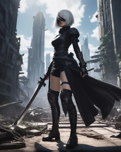 swordswoman,a200,meteora,scythe,assassin,katana,game character,huntress,3d crow,black city,black raven,figure of justice,crow queen,goddess of justice,femme fatale,fantasia,game art,rei ayanami,raven girl,witcher,Illustration,American Style,American Style 11