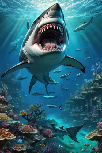 sand tiger shark,great white shark,requiem shark,underwater background,tiger shark,bull shark,shark,calyx-doctor fish white,marine reptile,underwater world,sea animals,bronze hammerhead shark,jaws,sharks,hammerhead,aquatic animals,underwater landscape,shoal,game illustration,sea life underwater,Conceptual Art,Fantasy,Fantasy 24