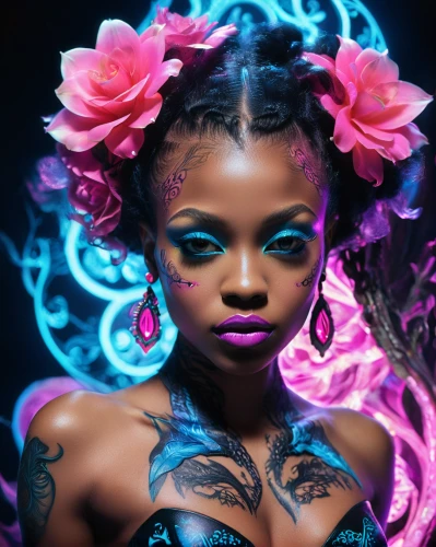 neon body painting,fantasy portrait,neon makeup,mystical portrait of a girl,neon light,afro american girls,fantasy art,voodoo woman,rosa 'the fairy,digital art,faerie,digital painting,african american woman,bodypaint,neon,black woman,rosa ' the fairy,neon colors,zodiac sign libra,neon valentine hearts,Illustration,Realistic Fantasy,Realistic Fantasy 02