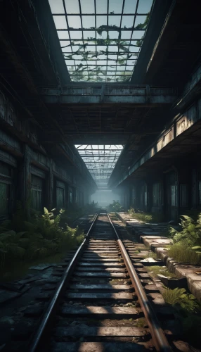 abandoned train station,industrial ruin,industrial hall,railtrack,disused railway line,railroad,railway tracks,train track,railroad station,industrial landscape,abandoned places,railway,disused trains,sweeping viaduct,empty factory,elevated railway,railway line,railroads,railway rails,railroad track,Illustration,Realistic Fantasy,Realistic Fantasy 45