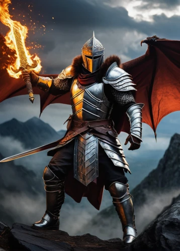 heroic fantasy,massively multiplayer online role-playing game,iron mask hero,crusader,dragon fire,dragon slayer,paladin,fire background,digital compositing,templar,knight armor,fantasy art,cleanup,knight festival,fantasy warrior,castleguard,norse,wall,knight,fantasy picture,Illustration,Realistic Fantasy,Realistic Fantasy 07