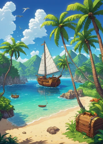 monkey island,tropical sea,cartoon video game background,ocean background,tropical beach,an island far away landscape,summer background,tropical island,beach scenery,south pacific,dream beach,moana,beach landscape,fiji,islands,landscape background,french digital background,coconut trees,the caribbean,isle,Illustration,Japanese style,Japanese Style 05