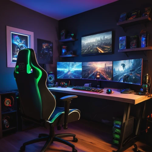 game room,monitor wall,computer desk,computer room,desk,computer workstation,setup,lures and buy new desktop,little man cave,gamer zone,pc tower,pc,great room,new concept arms chair,boy's room picture,monitors,music workstation,modern room,office chair,playing room,Illustration,Realistic Fantasy,Realistic Fantasy 17