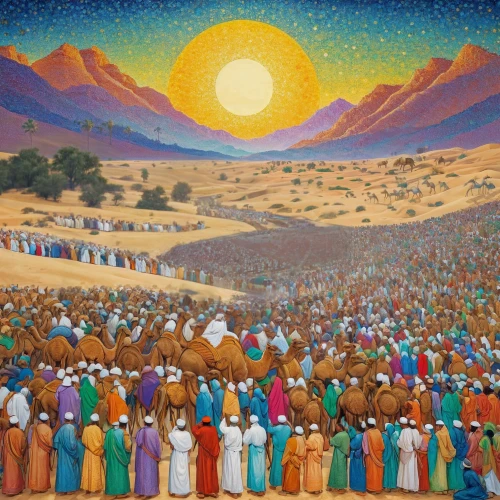 khokhloma painting,eid-al-adha,church painting,genesis land in jerusalem,camel caravan,devotees,hare krishna,bethlehem,global oneness,procession,iranian nowruz,all saints' day,contemporary witnesses,pentecost,camel train,nativity of jesus,religious celebration,afar tribe,pilgrims,the third sunday of advent