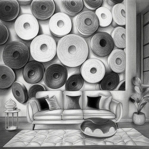 hat manufacture,rolls of fabric,hatmaking,vinyl records,anechoic,paper art,the living room of a photographer,sofa cushions,fifties records,upholstery,knitting laundry,phonograph record,gramophone record,round bales,cymbals,charcoal nest,hat vintage,lampshades,interior decoration,vinyl record,Design Sketch,Design Sketch,Pencil