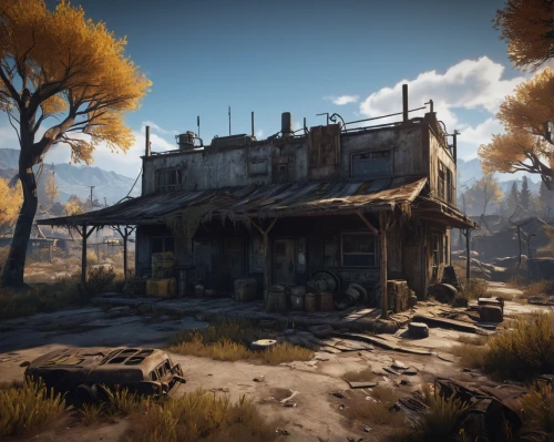 wasteland,fallout4,croft,mountain settlement,farmstead,rustico,homestead,tavern,settlement,fallout,lostplace,post apocalyptic,ancient house,post-apocalyptic landscape,ghost town,salvage yard,wild west,bogart village,desolation,development concept,Art,Classical Oil Painting,Classical Oil Painting 22