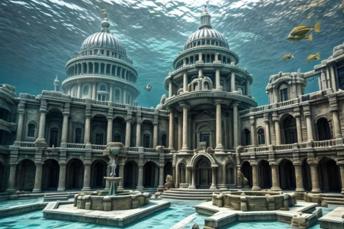 sunken church,underwater playground,underwater landscape,house of the sea,underwater oasis,atlantis,underwater world,marble palace,ocean underwater,aquariums,cube sea,water castle,sunken ship,aquarium,submerged,ancient roman architecture,artificial islands,acquarium,under the water,underwater background