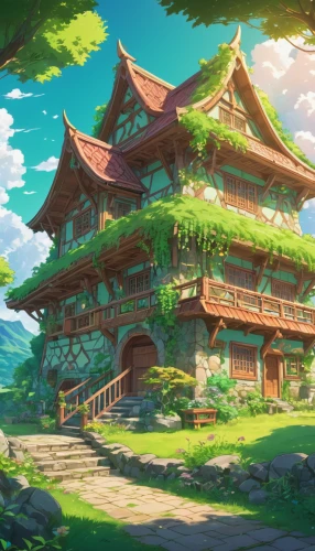 studio ghibli,asian architecture,chinese temple,ancient house,tsukemono,ginkaku-ji,japanese shrine,ancient city,japanese background,japanese architecture,japan landscape,roof landscape,ancient buildings,landscape background,home landscape,golden pavilion,background with stones,the golden pavilion,chinese background,bastion,Illustration,Japanese style,Japanese Style 03