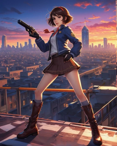 girl with gun,girl with a gun,above the city,holding a gun,cg artwork,llenn,rifle,game illustration,cityscape,yuki nagato sos brigade,on the roof,pointing gun,rooftops,sci fiction illustration,skyline,nora,french digital background,dusk background,gunkanjima,scout,Art,Classical Oil Painting,Classical Oil Painting 39