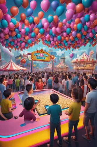 hot-air-balloon-valley-sky,carnival tent,colorful balloons,circus tent,bounce house,children's ride,bouncy castle,shanghai disney,amusement park,ball pit,theme park,rainbow color balloons,annual fair,epcot ball,attraction theme,bouncy castles,circus stage,car hop,funfair,rides amp attractions,Illustration,Realistic Fantasy,Realistic Fantasy 17