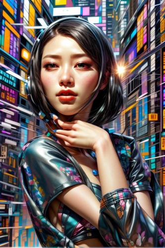 cyberpunk,world digital painting,cyberspace,digiart,asian vision,cybernetics,asian woman,sci fiction illustration,cyber,computer art,metaverse,futuristic,geometric ai file,women in technology,digital art,japanese woman,gradient mesh,digital identity,capsule-diet pill,tokyo city