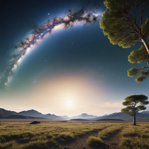 fantasy landscape,alien planet,planet alien sky,space art,fantasy picture,exoplanet,world digital painting,astronomy,alien world,landscape background,planet eart,lone tree,futuristic landscape,virtual landscape,celestial phenomenon,the milky way,milky way,full hd wallpaper,planetary system,earth in focus,Photography,General,Realistic