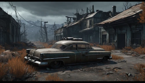 fallout4,salvage yard,ghost town,wasteland,road forgotten,post-apocalyptic landscape,aronde,junkyard,abandoned car,post apocalyptic,old linden alley,scrapyard,lostplace,fallout,ghost car rally,bogart village,junk yard,scrapped car,desolation,old abandoned car,Conceptual Art,Fantasy,Fantasy 34