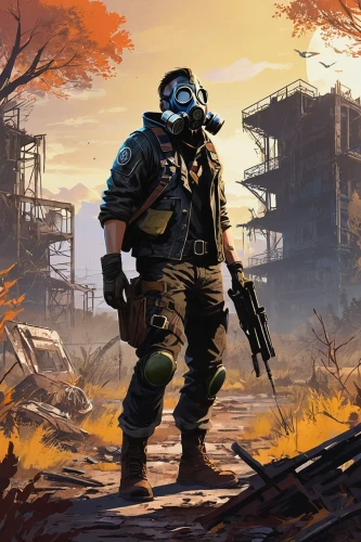 post apocalyptic,wasteland,lost in war,fallout,fallout4,combat medic,fresh fallout,mercenary,pripyat,post-apocalyptic landscape,post-apocalypse,apocalyptic,paratrooper,war correspondent,war veteran,apocalypse,sniper,4k wallpaper,game illustration,dusk background,Illustration,Japanese style,Japanese Style 06