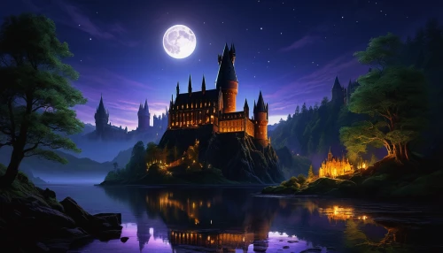 hogwarts,fairy tale castle,fairytale castle,gothic architecture,fantasy landscape,fantasy picture,castle of the corvin,knight's castle,water castle,fairy tale,disney castle,cinderella's castle,fantasy city,fantasy world,fairytale,a fairy tale,world digital painting,sleeping beauty castle,castle,moonlit night,Illustration,American Style,American Style 11