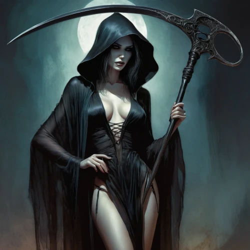 sorceress,angel of death,dark elf,dark angel,dance of death,huntress,scythe,grimm reaper,priestess,grim reaper,death angel,the witch,swordswoman,vampire woman,the enchantress,deadly nightshade,gothic woman,blue enchantress,witches,quarterstaff,Illustration,Paper based,Paper Based 18