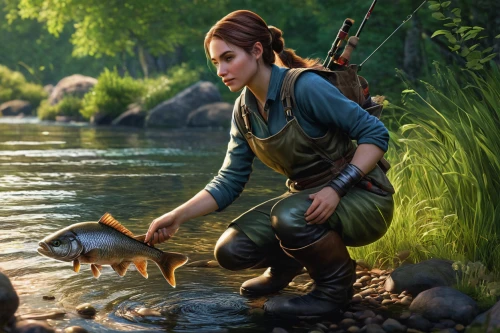 hunting scene,ritriver and the cat,hunting dogs,girl with dog,hunting dog,companion dog,game illustration,gamekeeper,robin hood,animals hunting,shepherd,casting (fishing),zookeeper,big-game fishing,girl on the river,adventurer,the wanderer,east-european shepherd,lara,game art,Illustration,Realistic Fantasy,Realistic Fantasy 11