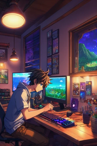 workspace,game room,anime 3d,working space,windows 7,workstation,study room,aqua studio,virtual world,night administrator,computer workstation,playing room,desk,gamer zone,dual screen,game illustration,consoles,computer room,music workstation,in a working environment,Illustration,Japanese style,Japanese Style 03