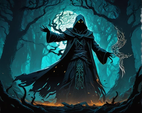 grimm reaper,grim reaper,dance of death,hooded man,undead warlock,dodge warlock,haunted forest,the wizard,death god,the witch,forest dark,magus,wizard,reaper,angel of death,game illustration,cleanup,sorceress,dark art,flickering flame,Illustration,Vector,Vector 21