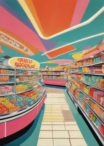 supermarket,candy store,grocery,candy shop,grocery store,grocer,convenience store,confectionery,aisle,deli,shopping icon,supermarket shelf,candies,80s,1980's,grocery shopping,neon candies,minimarket,groceries,toy store,Illustration,Retro,Retro 12