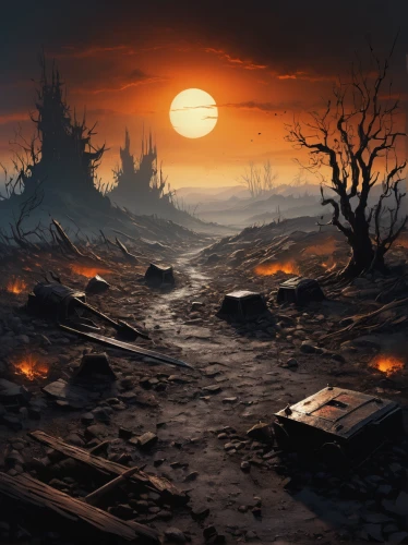scorched earth,post-apocalyptic landscape,wasteland,burned land,volcanic landscape,post-apocalypse,burning earth,desolation,apocalyptic,volcanic field,fantasy landscape,post apocalyptic,the grave in the earth,swampy landscape,destroyed city,barren,deforested,valley of death,apocalypse,road forgotten,Illustration,Vector,Vector 09