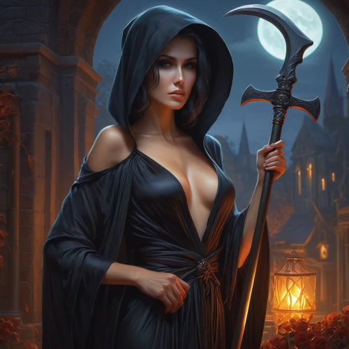 sorceress,gothic woman,gothic portrait,celebration of witches,witch,vampire woman,the witch,witches,grim reaper,fantasy portrait,fantasy picture,priestess,fantasy art,grimm reaper,vampire lady,scythe,mage,dodge warlock,dark elf,the enchantress,Illustration,Realistic Fantasy,Realistic Fantasy 27