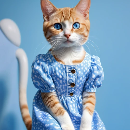 cat on a blue background,animals play dress-up,doll cat,red tabby,nightwear,pajamas,ginger cat,domestic cat,cat image,cute cat,cat with blue eyes,hospital gown,blue eyes cat,nightgown,vintage cat,american wirehair,polydactyl cat,breed cat,ginger kitten,dressmaker,Photography,General,Realistic
