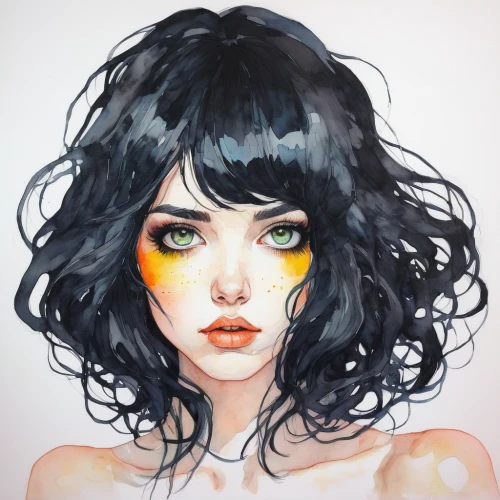 fantasy portrait,girl portrait,yellow orange,transistor,yellow peach,yellow skin,marigold,yellow eyes,yellow eye,gold eyes,soft pastel,mystical portrait of a girl,orange yellow,passion fruit,watercolor paint,painter doll,gemini,heterochromia,chamomile,orange eyes,Illustration,Paper based,Paper Based 19