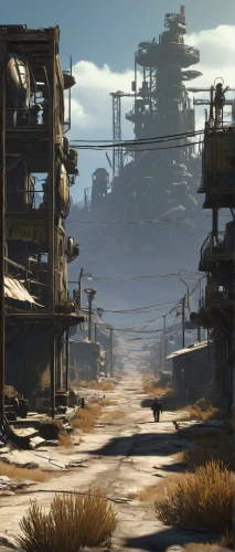 wasteland,post-apocalyptic landscape,post apocalyptic,fallout4,industrial landscape,desolate,scrapyard,fallout,ship yard,desolation,junkyard,human settlement,industrial area,shipyard,industrial ruin,barren,refinery,ghost town,mojave,mining facility,Illustration,Abstract Fantasy,Abstract Fantasy 02