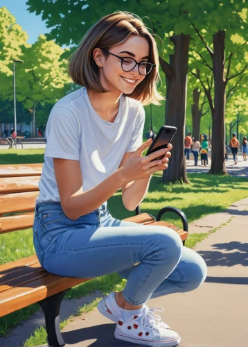 woman holding a smartphone,girl sitting,park bench,girl with speech bubble,social media addiction,world digital painting,woman sitting,game illustration,girl studying,mobile gaming,camera illustration,text message,texting,mobile device,e-book readers,man on a bench,girl drawing,connect competition,women in technology,using phone,Art,Artistic Painting,Artistic Painting 23