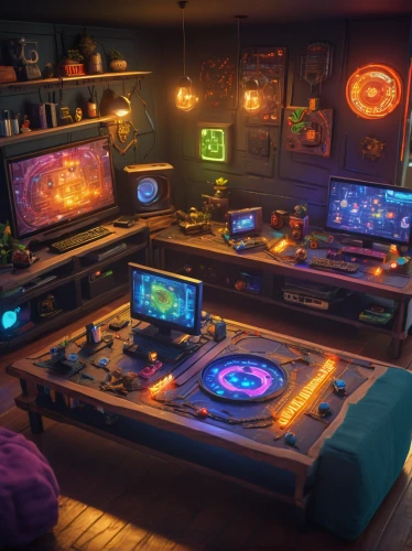 game room,consoles,little man cave,playing room,collected game assets,kids room,computer room,3d render,game consoles,ufo interior,pinball,boy's room picture,workbench,clutter,livingroom,board game,3d fantasy,play area,gamer zone,computer desk,Photography,General,Sci-Fi